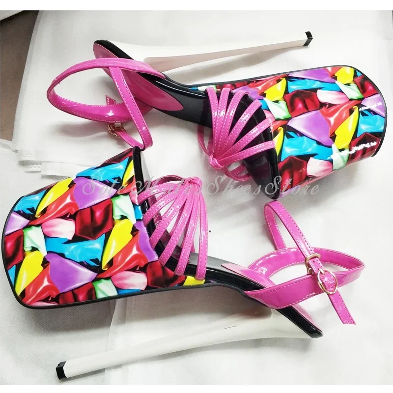 Hot Chick Mixed Colors Platform Women's Sandals Super High Heel Thick Bottom Buckle Pole Dance Shoes 22cm Colorful Modern Pumps