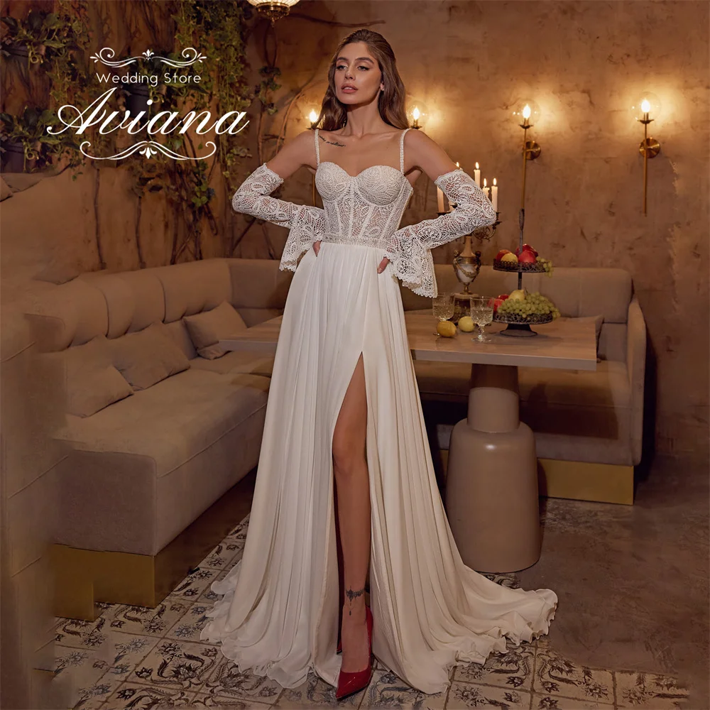 

Aviana индивидуальный кружевной корсет с вышивкой и длинными расклешенными рукавами, трапециевидной формы с высоким разрезом по бокам, милый корсет на тонких бретельках, элегантный корсет со шлейфом