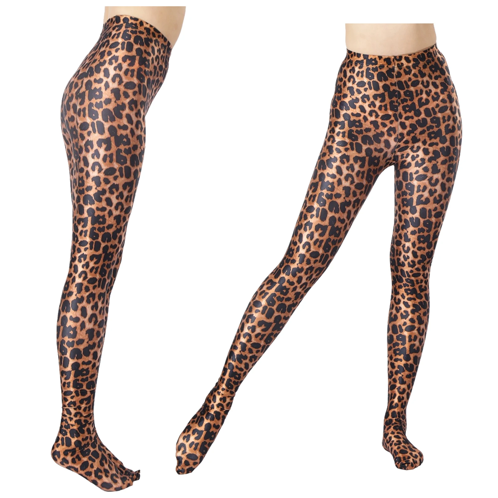 Unisex Womens Mens Leopard Printed Glossy Pantyhose Tummy Control Back Seams Footed Leggings Tights for Halloween Cosplay Party