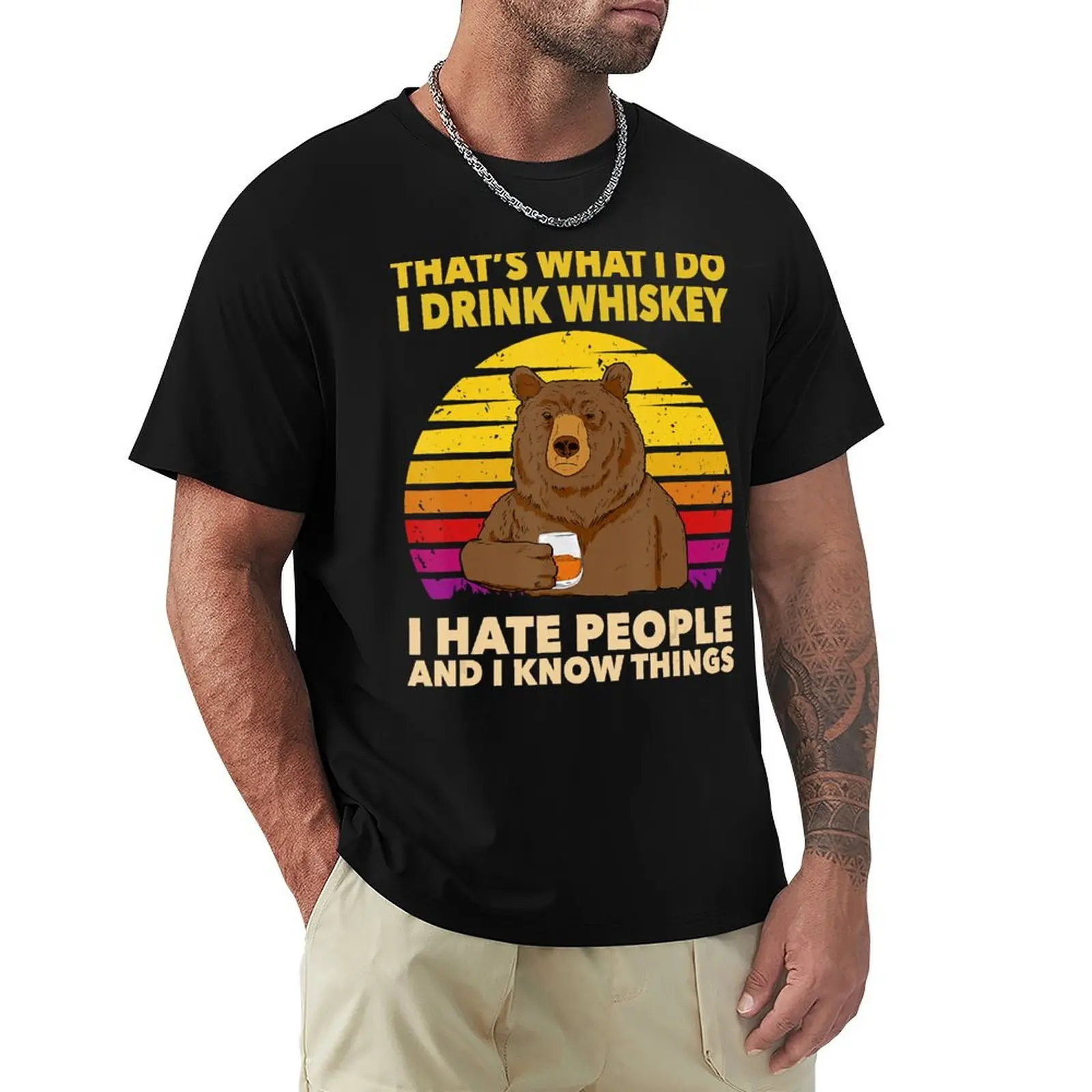 

That's What I Do I Drink Whiskey I Hate People Bear Vintage T-Shirt Everyday Wear Basic Short Sleeve Top