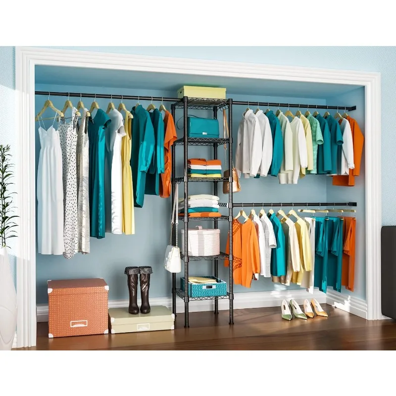 

M1 Closet Storage Organizer System, 6 Tiers Heavy Duty Metal Garment Rack with 3 Expandable Hanger Rods, Wall Mounted Space