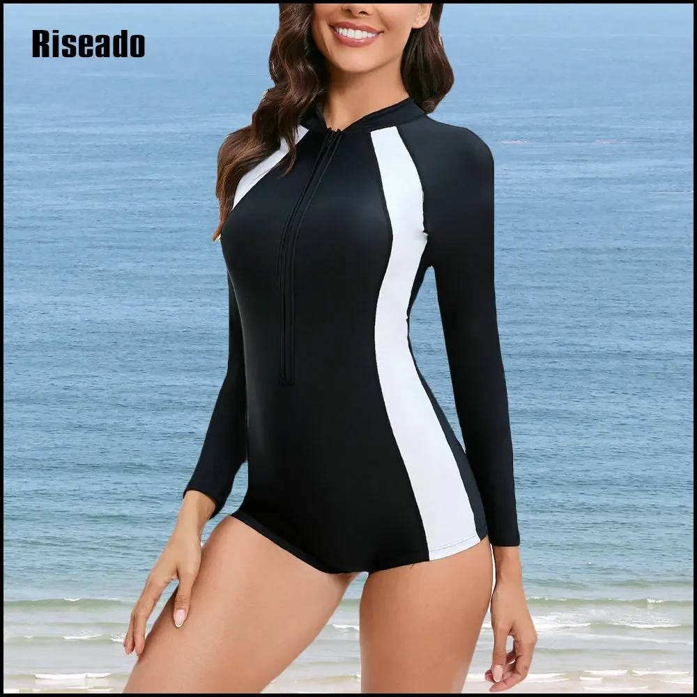 

Women Long Sleeve One Piece Swimwear Splice Swimsuit Beach wear