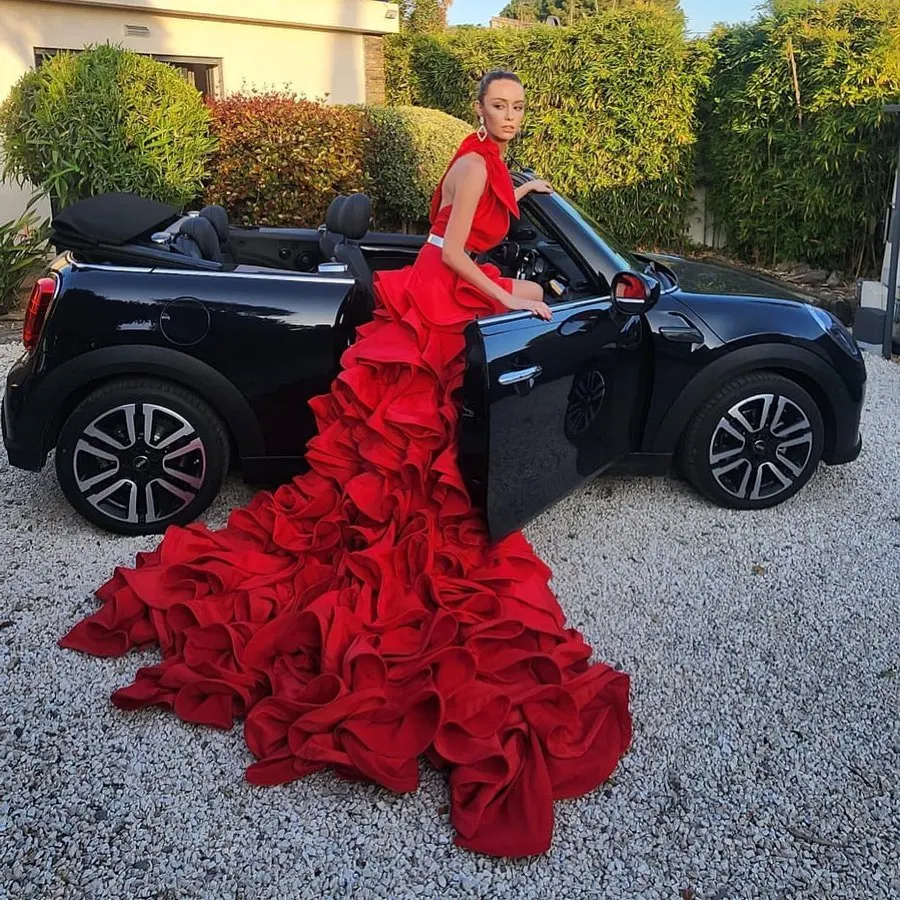 Amazing Red Fluffy Tiered Split Long Prom Dresses One Shoulder Layered A-ling Prom Gowns Pretty Bridal Dresses