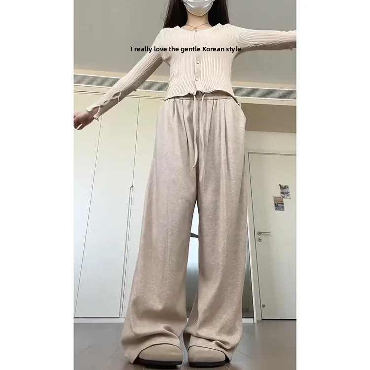 Coréen Sle doux tricoté ample taille haute riz nouilles pantalon femmes automne hiver décontracté ample jambe large pantalon
