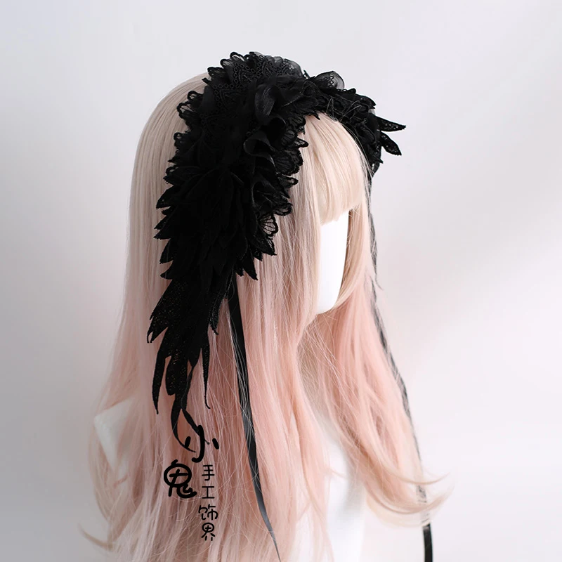 

Original Lolita Black Lolita Wings Hairband Flower Pill Brooch Gothic Dark Top Hat Flat Hat