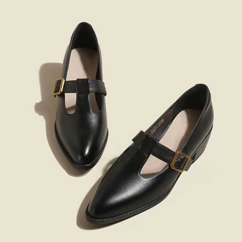 Women\'s Single Shoes Summer New Pointed Professional Buckle Leather Shoes Fashion Temperament Comfortable Commuter Oxford Shoes