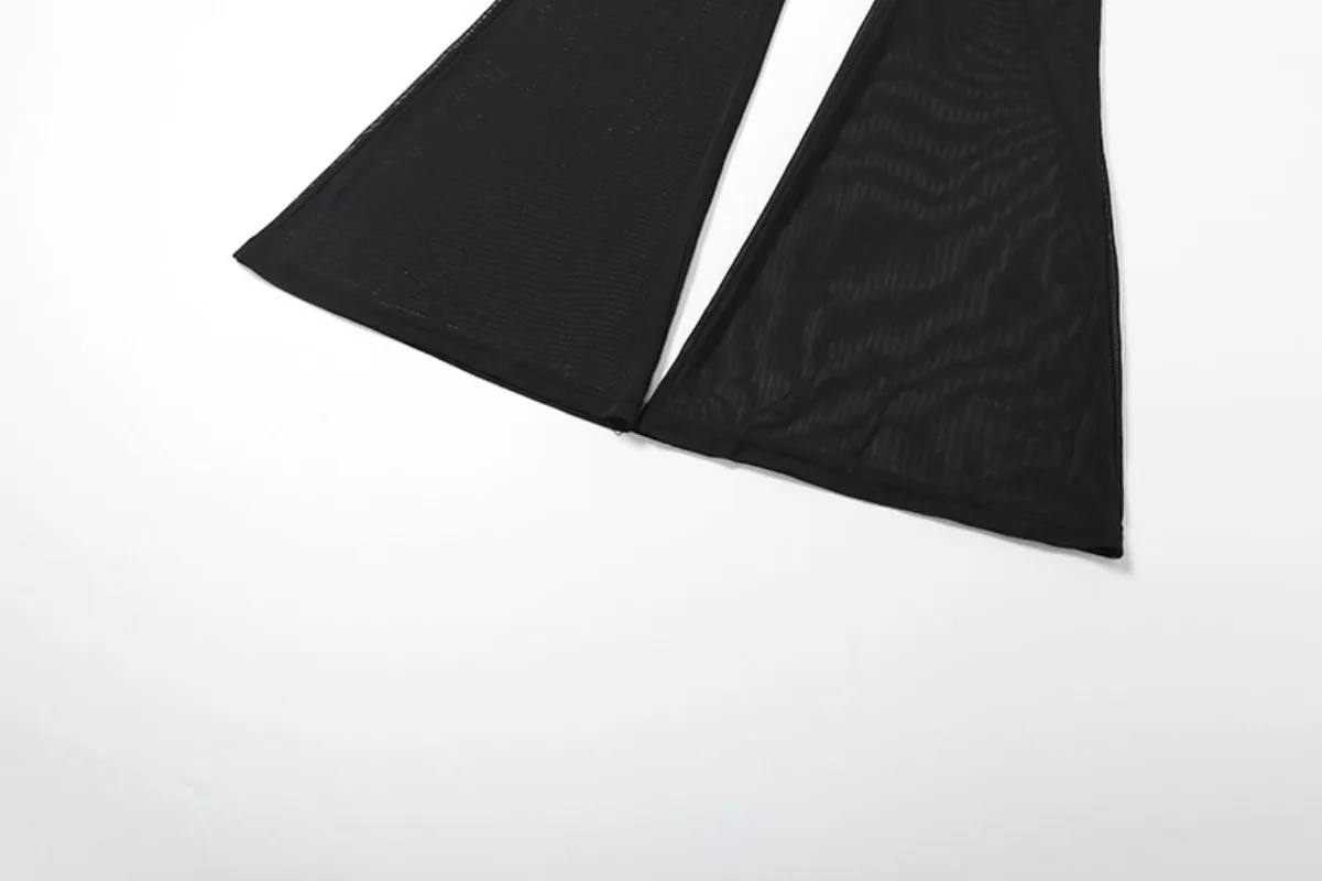 Jumpsuit Wanita Model Slim Flare dengan Aksen Patchwork Mesh Transparan, Kerut Silang, Kerah V Dalam Seksi, Lengan Panjang, Cocok untuk Pesta Klub dan Acara Santai