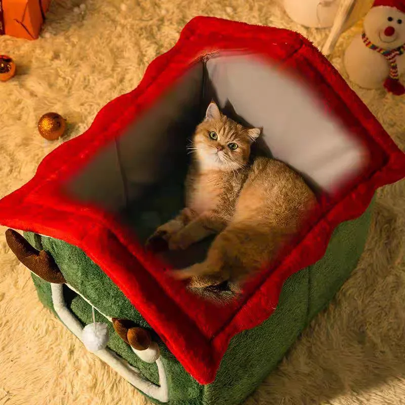 2024 Foldable Winter Christmas Pet House Detachable Thickened Closed Cat House Cats Bed Tent Four Seasons Universal Cat/Dog Nest