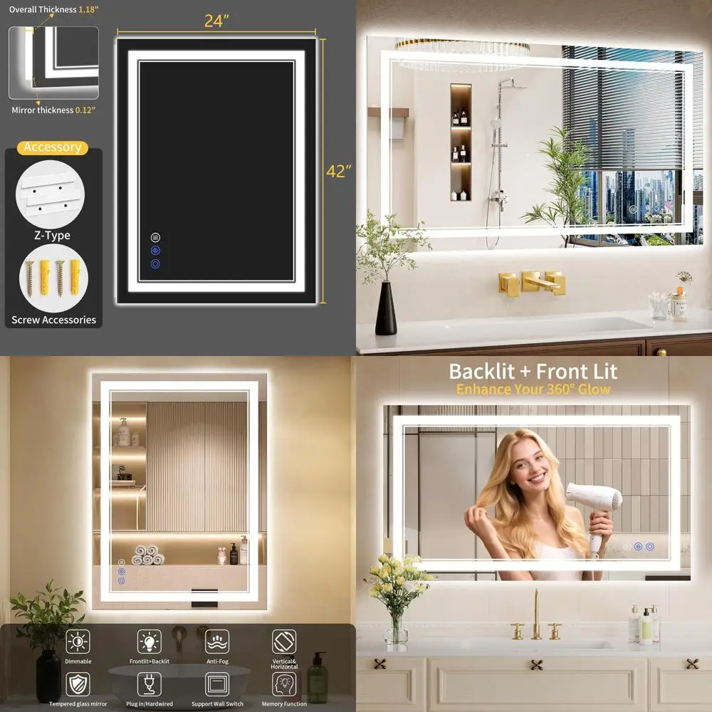 

24x42 LED-Illuminated Bathroom Mirror, Anti-Fog, Backlit & Front Lit, Dimmable, Tempered Glass Vanity Mirror with 3 Color Option