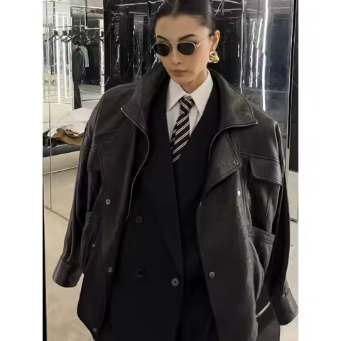 Retro Maillard Style Jacket Leather Jacket Classic Pilot Stand Up Collar Leather Jacket