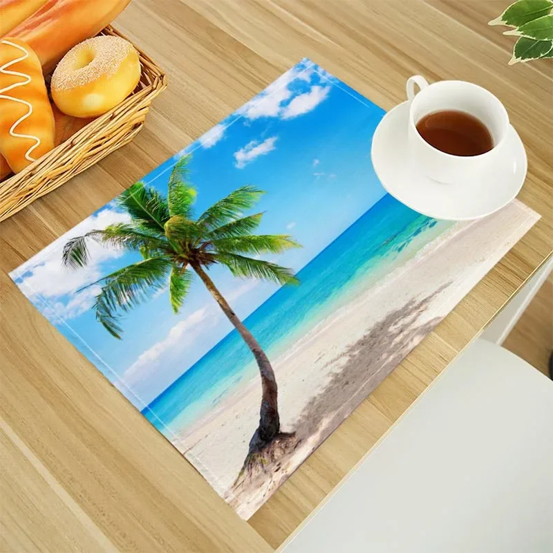 

Beach Landscape Coconut Trees Print Linen Dining Table Mats Alphabet Kitchen Placemat 30X40cm Coasters Pads Bowl Cup Mat
