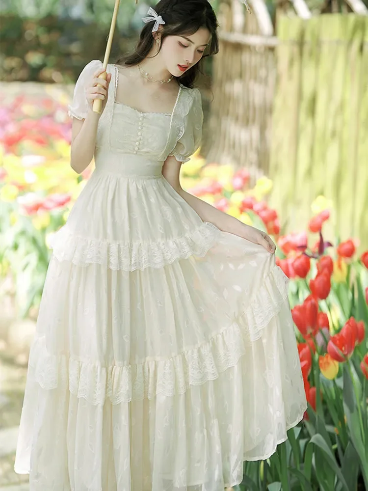 

Apricot Square Neck Lace Embroidery Mesh Dress French Style Fairy Dresses for Women Short Sleeve Lady Retro Elegant Robe Vestido