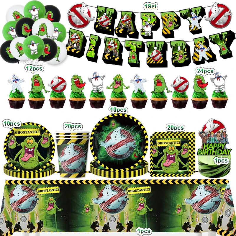 Ghostbusters Teller, Becher, Tischdecke, Ballon, Happy Birthday Flagge, Einweggeschirr, Tortendekoration, Geschenktüte, Baby-Shower-Party-Deko