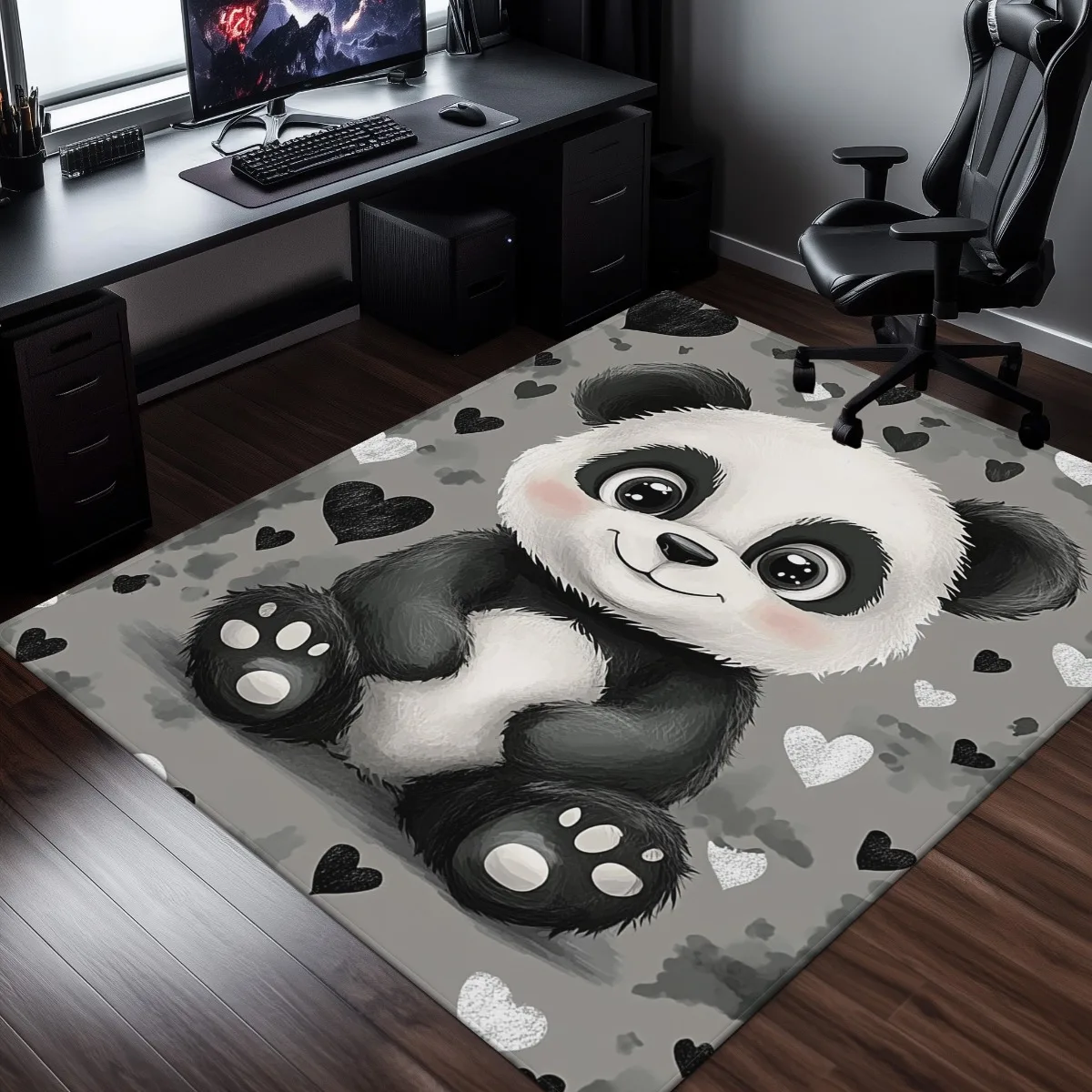 Cute Panda Heart Print Door Mat, Non-Slip Absorbent Washable Area Rug, Modern Animal Decor Carpet for Bathroom Living Room