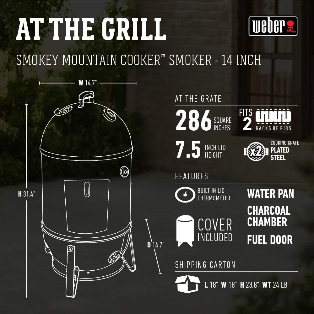 Smoker, 14-inch Smokey Mountain Cooker, Charcoal Smoker