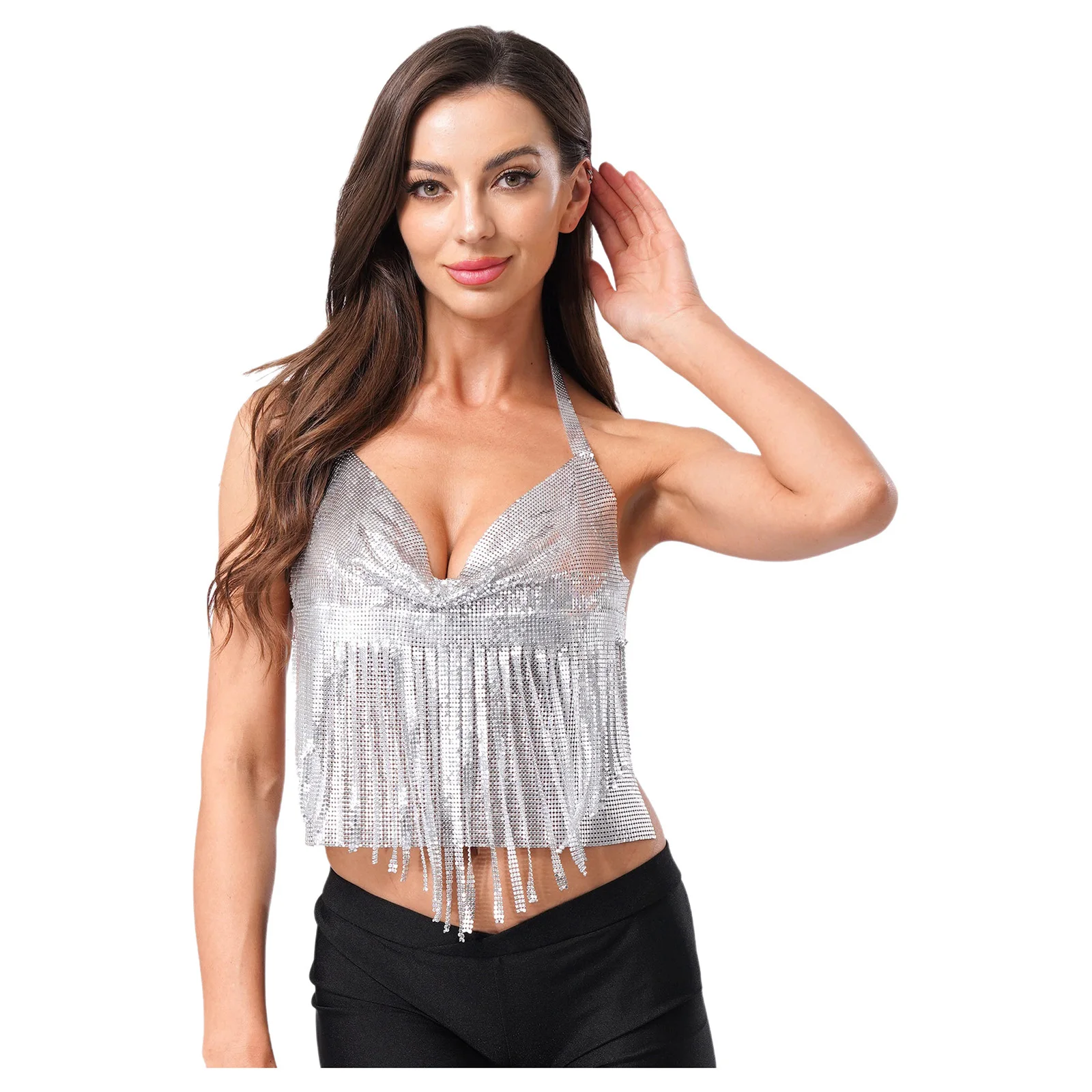 

Women Fashion Sequins Camisoles Hot Halter Shiny Metallic Tassels Backless Crop Tops for Nightclub Rave Party Musical Festival