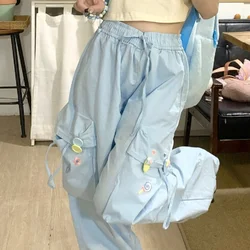 Pink Blue Japan Kawaii Casual Pants Women Sweet Flower Embroidery Buttons Pocket Sweatpants Korean Style Cute Wide Leg Trousers