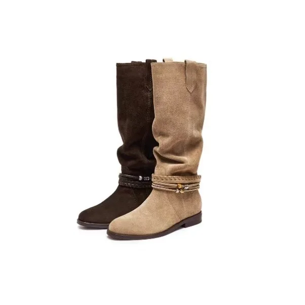 

Women Knee High Boots Women Winter Boots Suede Leather Solid Concise Slip on Cowboy Boots Round Toe Beaded Weavig Women