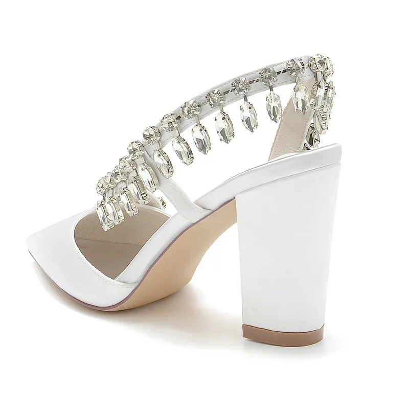 Décolleté da sposa con tacco largo scarpe con strass in raso nappa punta a punta Slip on tacchi da donna per festa/fidanzamento/sera/ballo