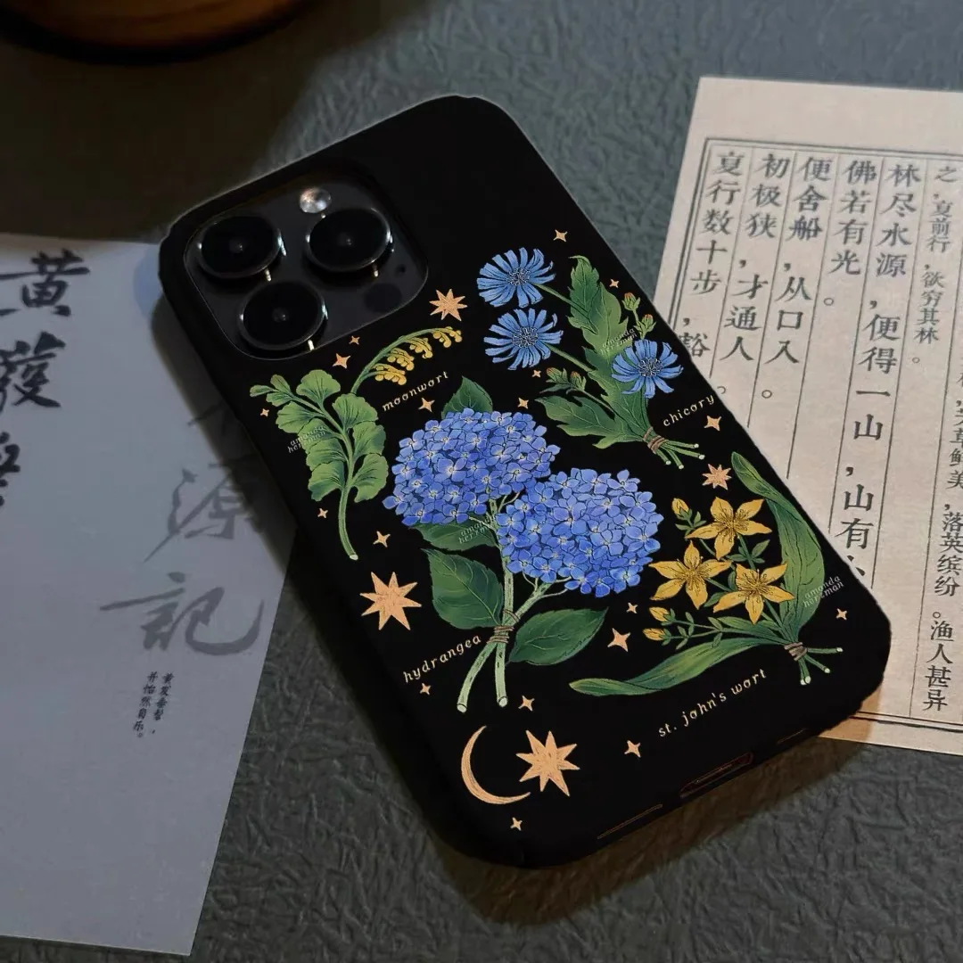 Ins Black Romantic Blue Flowers Case for IPHONE 17 16 ProMax 15 14 Plus 13 12 MINI 11 PRO 16Plus XR XS MAX Acrylic Phone Cover