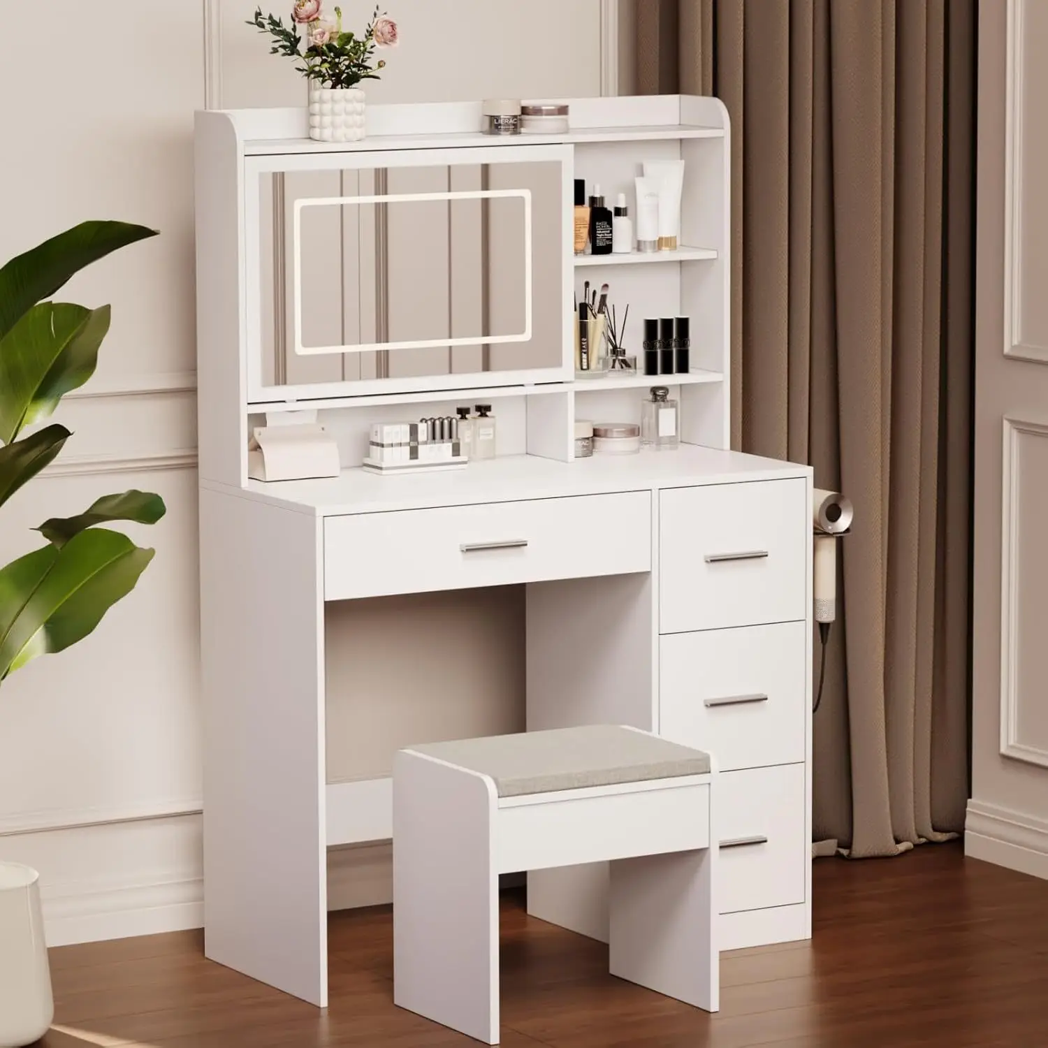 Bedroom Dresser Adjustable Lighting Smart Mirror and Storage Drawer Power Outlet Makeup Table