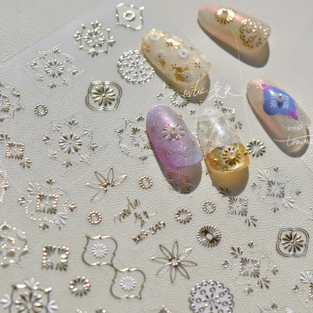 Elegant Gold Scepter 5D Nail Art Stickers Gorgeous Gemstone Luxury Courtly Pattern Necklace Frame Self Adhesive Manicure Decals