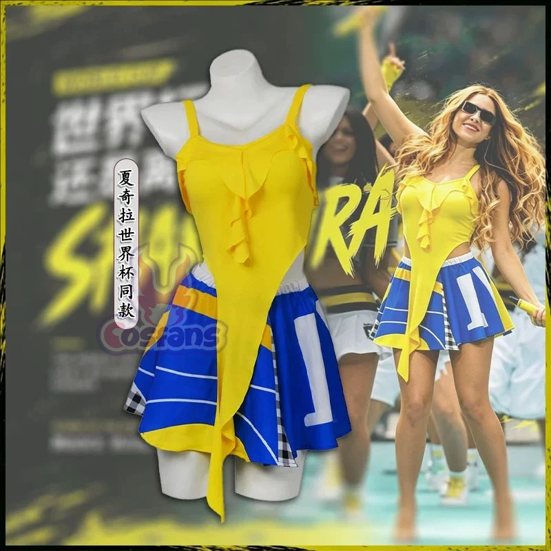Sexy Cheerleader Costume Crop Yellow Top Blue Pleated Skirt Pom Poms Halloween Shakira Dai Dai Same Style Cheerleading Dress