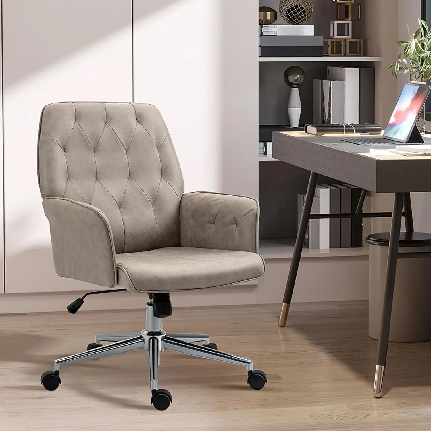 Microfiber Home Office Chair, Tufted Height Adjustable Computer Desk Chair with Swivel Wheels and Padded Armrests, Light Gray