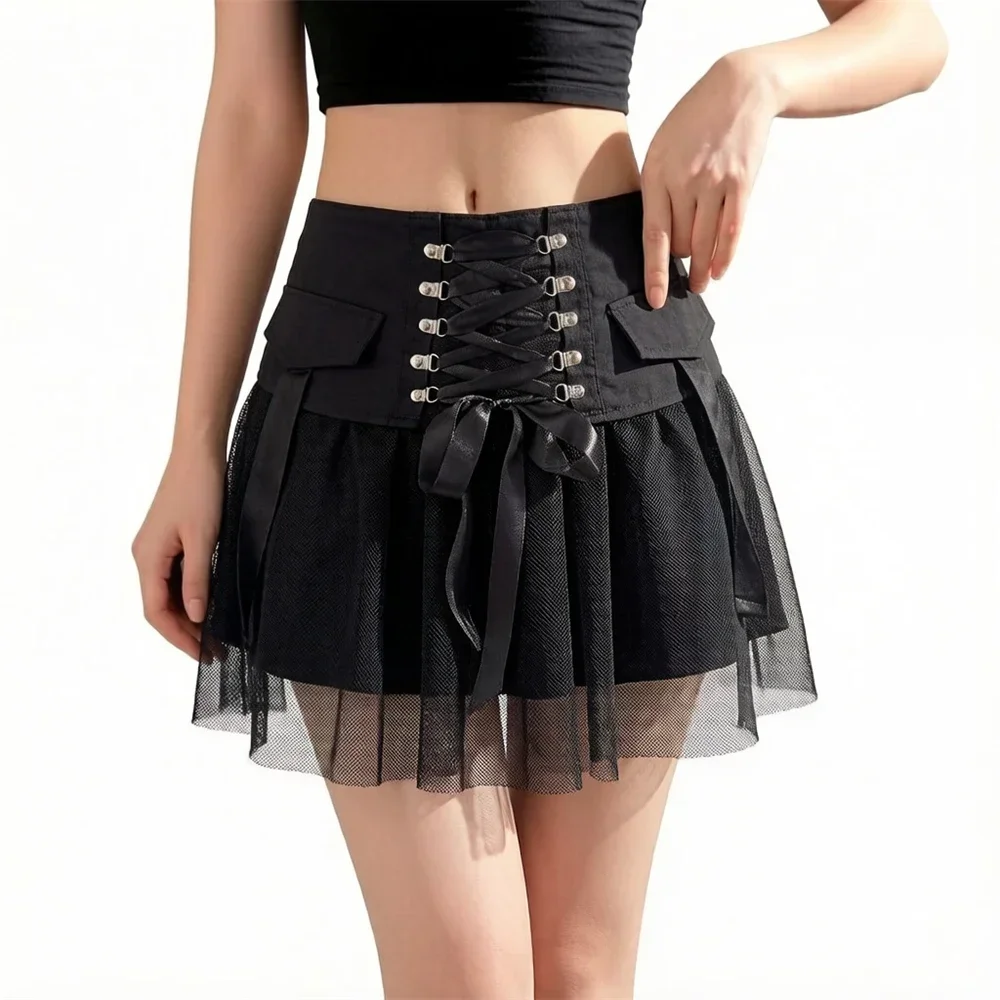 Black Butterfly Waist Lace Short Skirt High Waist Patchwork Biscuit Dress Style Polyester Fabric A-Line Mini Skirt for Girls
