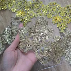 2Yards 13cm di larghezza oro paillettes bordo poliestere ricamo pizzo Trim per abito da sposa Costume Design nastro di pizzo