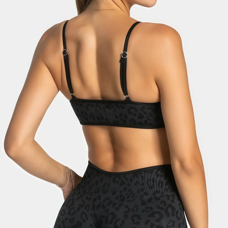 Sports Bra Women Leopard Print Quick Dry Backless Yoga Contrastline Removable Cups Bras Running Fitness Workout Gym Top