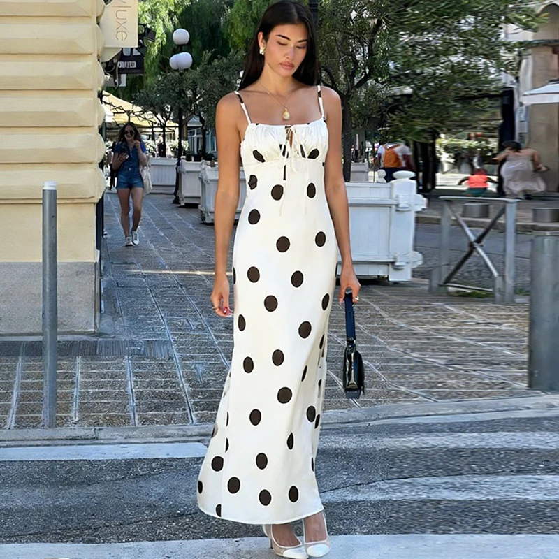

Ticketsx Fashion Satin Polka Dot Dress Elegant Summer Lace Up Hollow Out Ruched Patchwork Dress Vintage New Party Vacation Dress