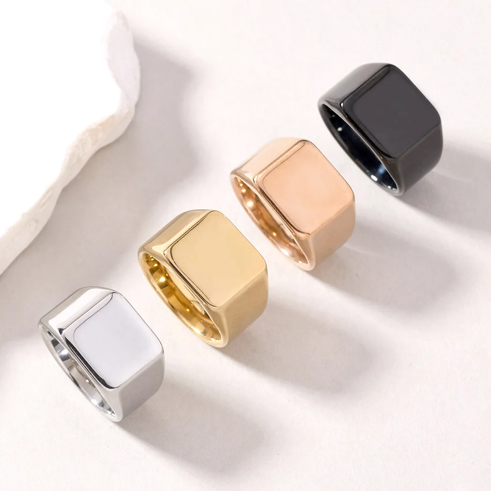 YHTOT Minimalist Punk Style Personality Casting Stereo Stainless Steel Ring Square Polished Men's Jewelry Engraving Words