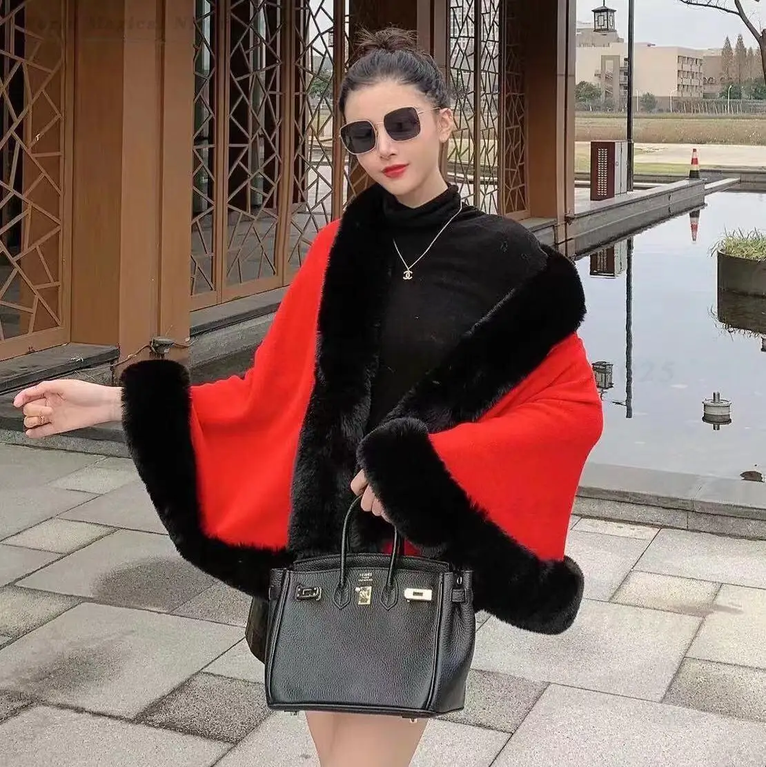 Fall Winter New Women Oversized Knit Cape with Faux Rabbit Fur Collar 60-80Cm 670G Heavy Warm Plus Size Poncho Shawl Coat - view 5