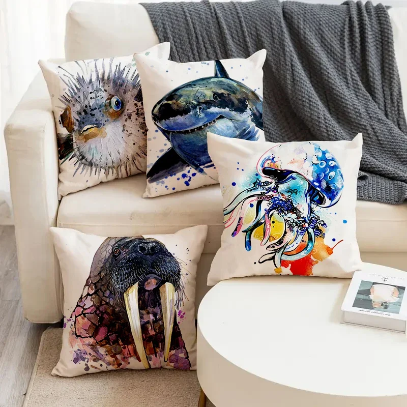 Marine Animal Medusa Globefish Seal Shark Print Square Pillowslip Linen Blend Cushion Cover Pillowcase Living Room Home Decor