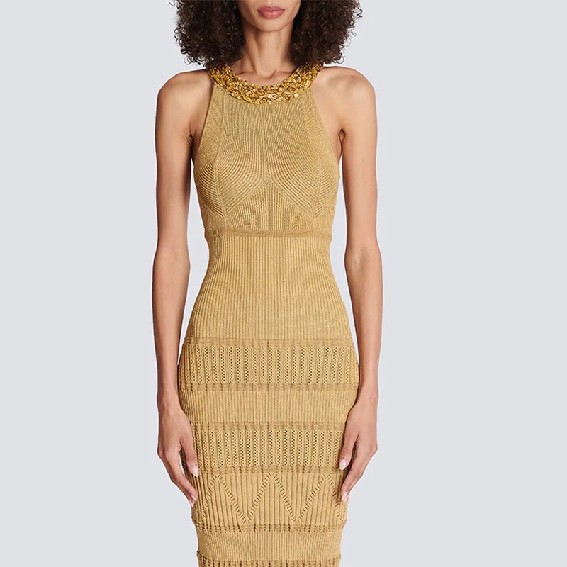 Women Knitted Cotton Dress Beading Sleeveless Long Dress