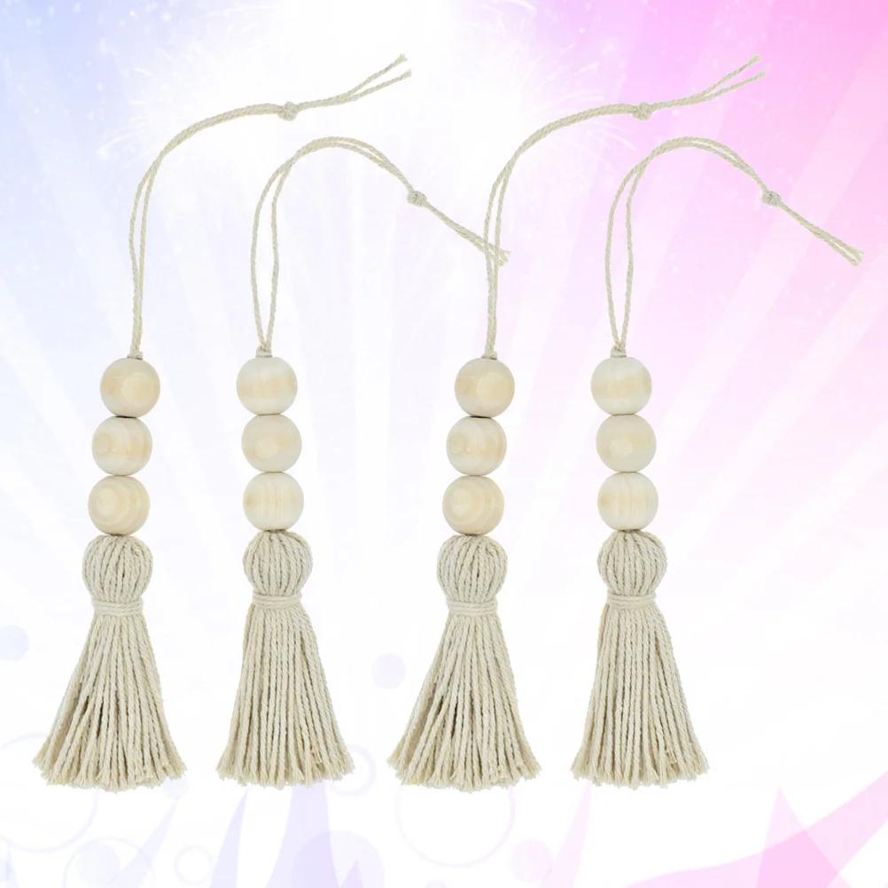 6 Pcs Cotton Thread Wooden Beads Decoration Ornaments Jute Rope Tassels Farmhouse with Curtain Pendant Closet Door Handle