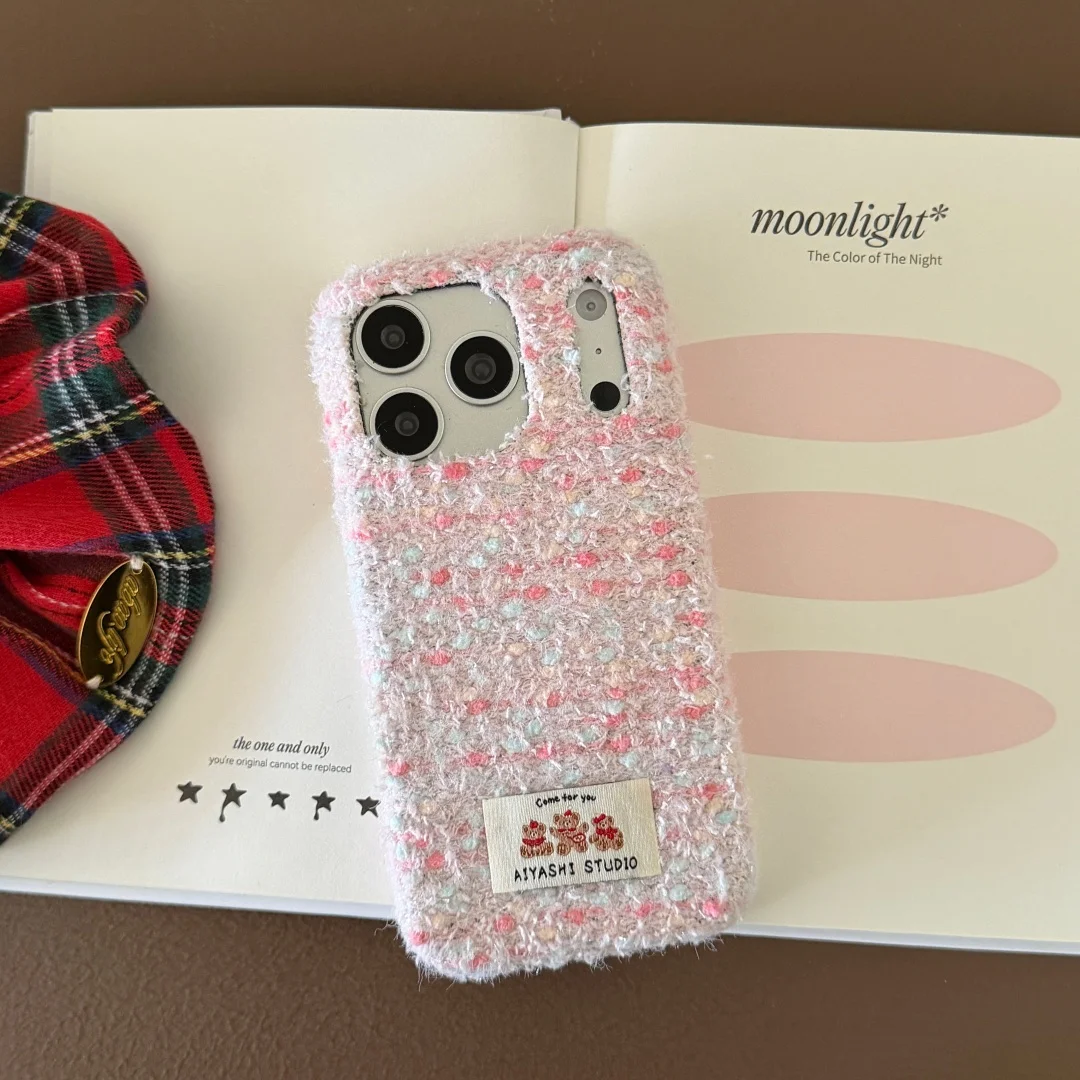 

Korean Color blocked fabric Furry Plush labels Cute Phone Case for iPhone 17 16 15 14 13 Pro Max Winter fashion Protection Cover