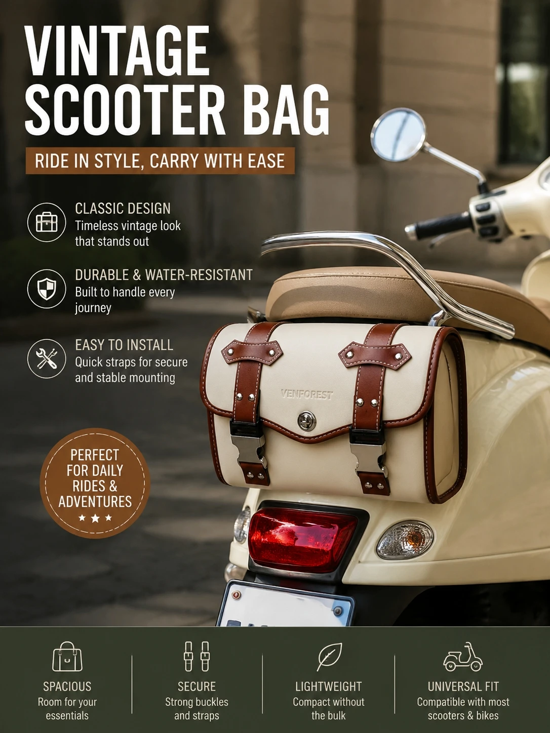 Vintage Spliced PU Leather Motorcycle Saddle Bag Quick Release Buckle Cylindrical Storage Pouch With Adjustable Straps