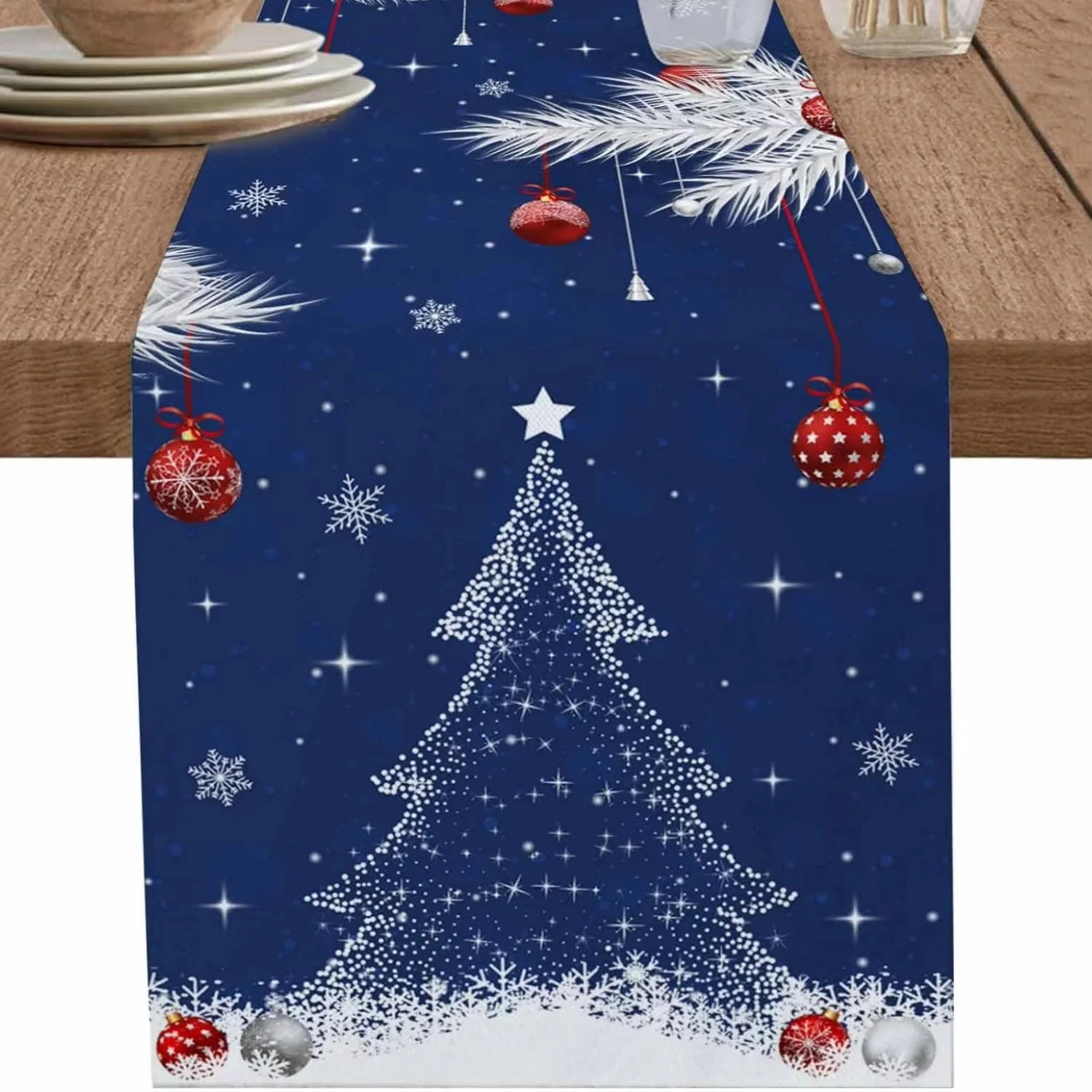 عيد ميلاد سعيد الكرة الصنوبر إبرة ندفة الثلج شجرة الأزرق الجدول عداء الشتاء المطبخ الطعام عيد الميلاد ديكور نسيج الكتان #1