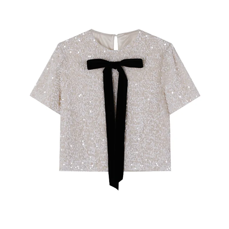

Ароматный французский круглый вырез с блестками и бантом, милый короткий топ, женский модный белый, черный блестящий топ с короткими рукавами для дня рождения, каваи