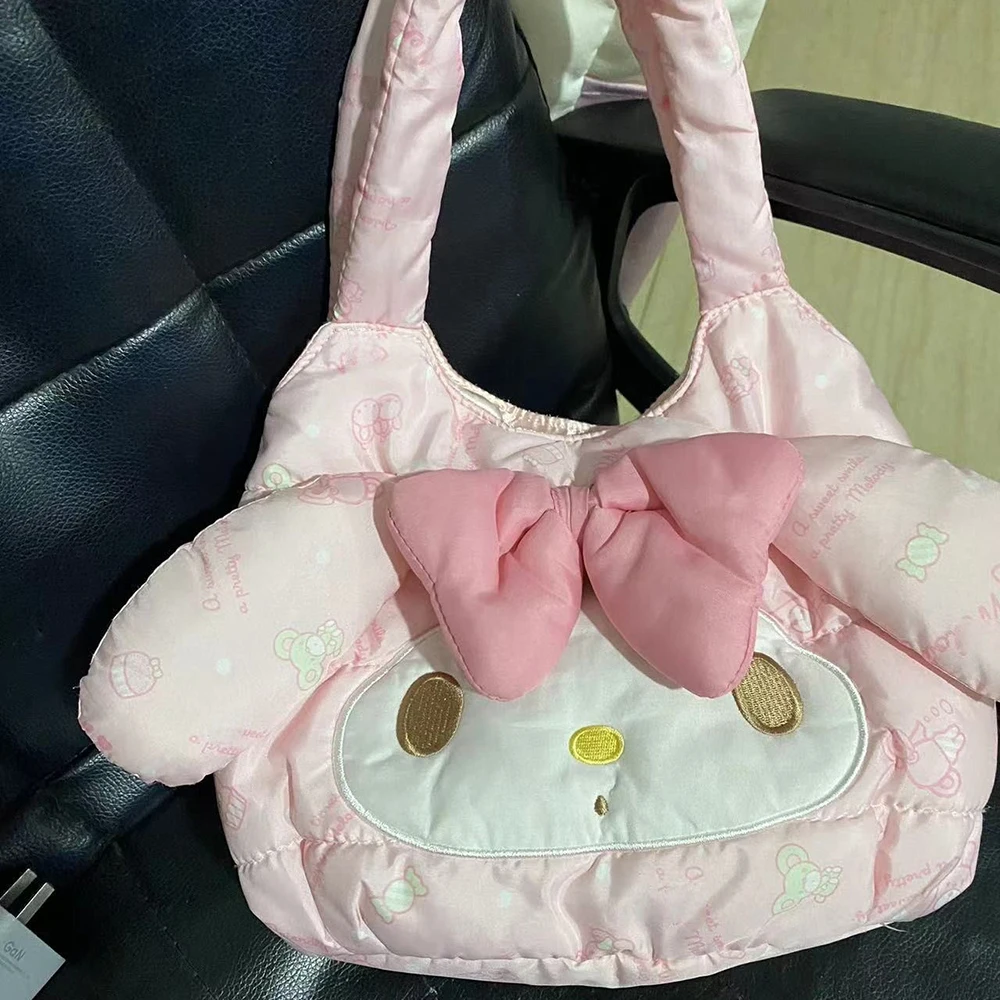 New Miniso My Melody Shoulder Bag Cute Soft Cotton Down Tote Y2k Girl Sweet Pink Girl Large Capacity Dopamine Crossbody Bag