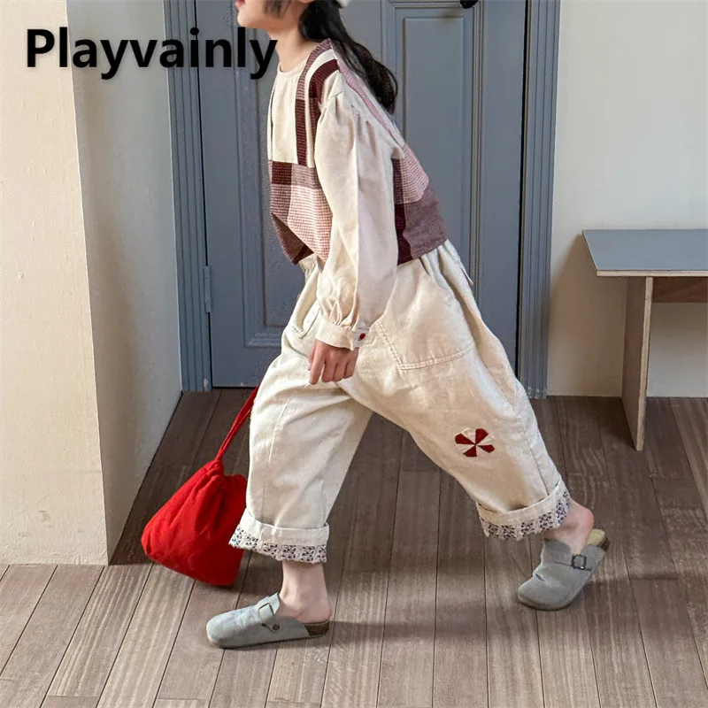 

2025 New Spring Autumn Kids Girls Casual Pants Beige Blue Fashion Patchwork Floral Print Soft Loose Pants Child Trousers A6076