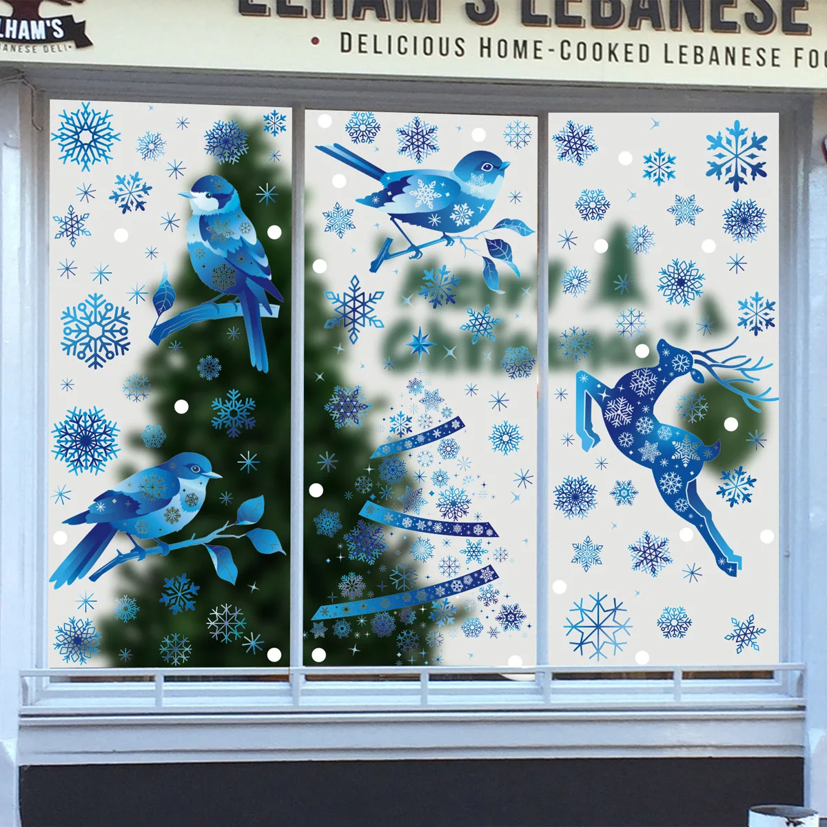 Christmas Window Stickers Blue Christmas Tree Elk Window Clings Xmas Decoration Stickers for Glass Door Shopping Mall Showcase