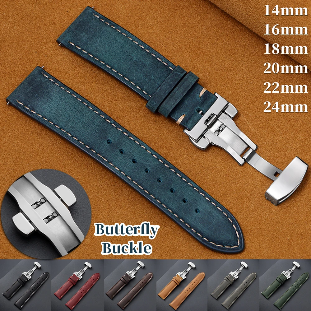 Quick Release Wrist Band Butterfly Buckle Cowhide Watch Strap 16mm 18mm 20mm 22mm 24mm for Seiko Vintage Stitching Brown Straps