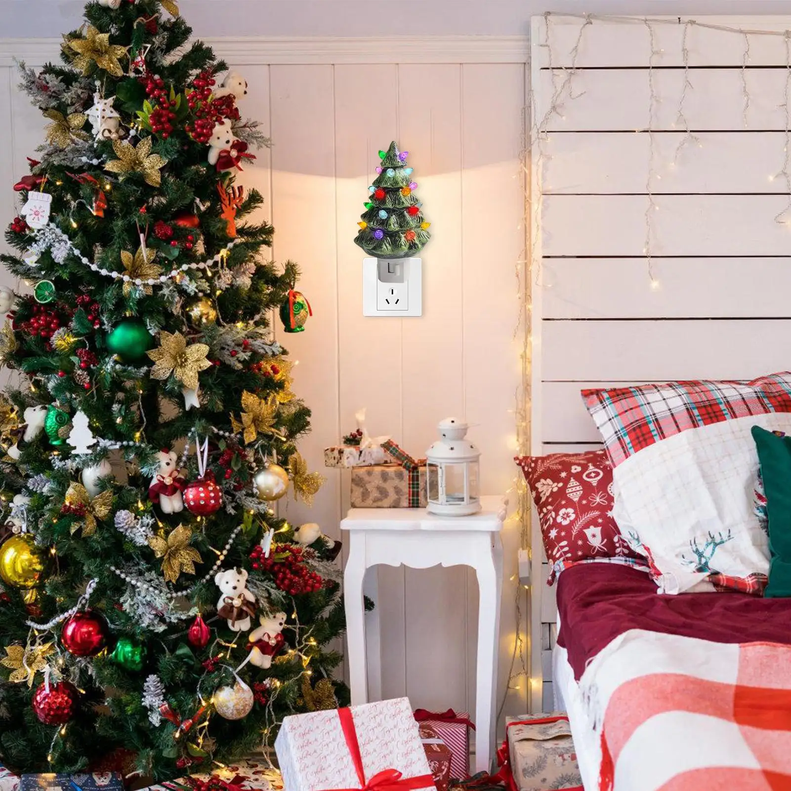 Świąteczna lampka nocna w kształcie choinki, retro oświetlenie ambientowe, lampka choinkowa zasilana przez wtyczkę, dekoracja ścienna do sypialni, salonu, pokoju dziecięcego.