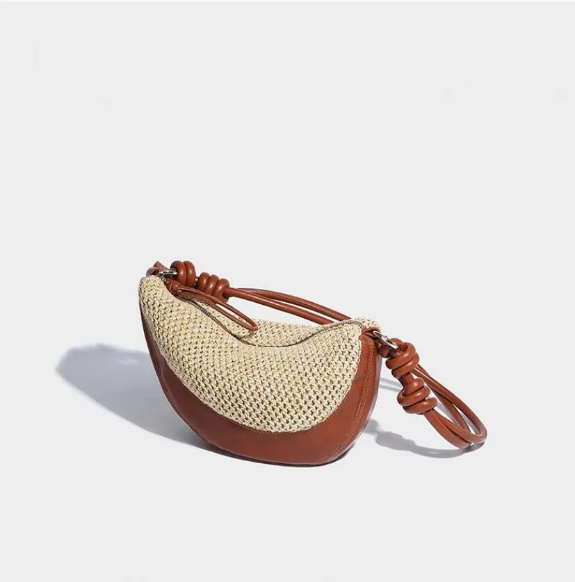 Hand Woven Dumpling Bags Women's Beach Vacation Style Grass Woven Bags Crescent Shaped Crossbody Bags Travel Bags