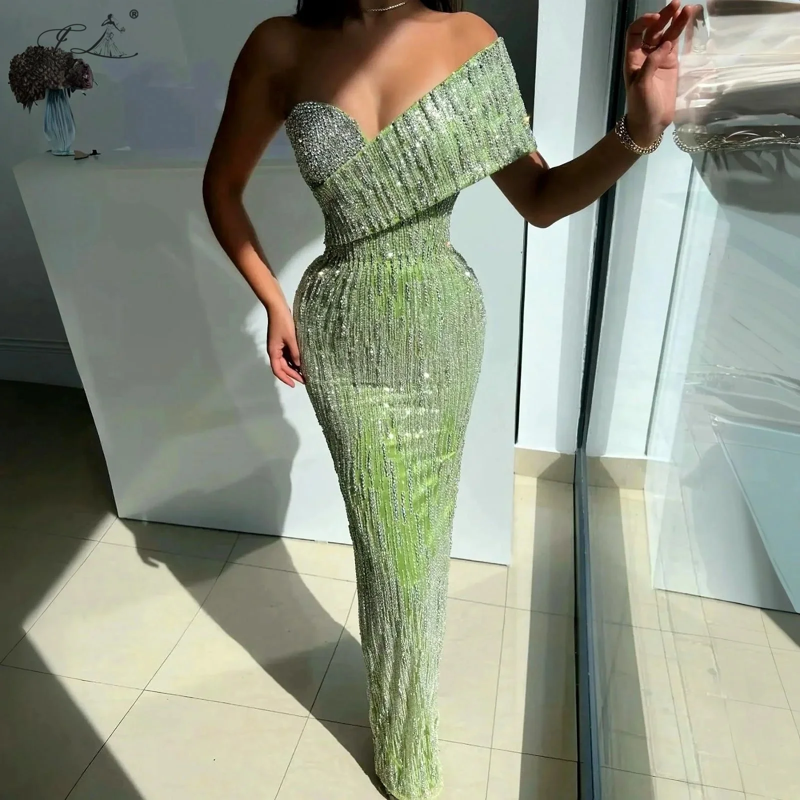 Асимметричное облегающее платье на плечах со стразами Яблочно-зеленое длинное бальное платье для банкета, свадьбы, вечеринки, настраиваемое