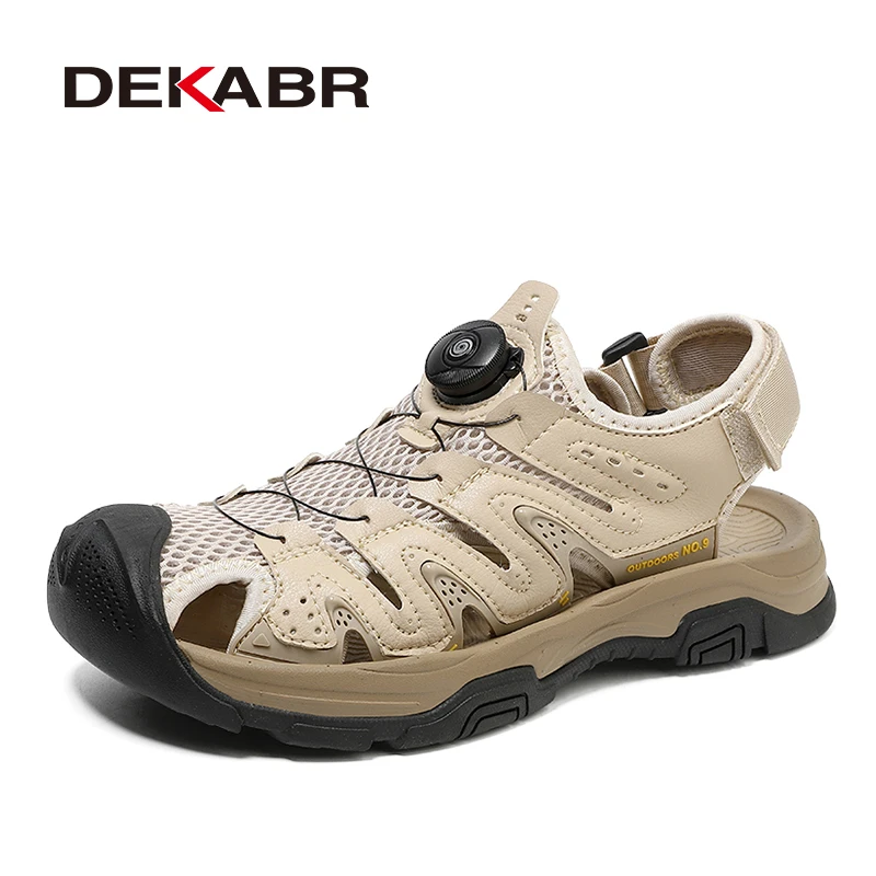 DEKABR Summer Men Sandals Genuine Leather Quick Lacing Roman Beach Shoes Plus Big Size 38-47