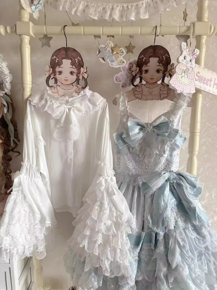 France Lolita Shrit Flared Sleeves Cape Y2k New Spring Autumn Girl Lace Princess Jsk Cake Party Blouses White Pink Shirts Bow 6